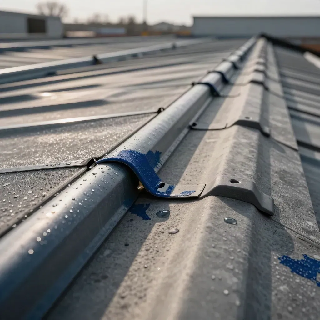 Extreme macro of a warehouse roof inspection line across skylights, solar mounts, and repair patches.