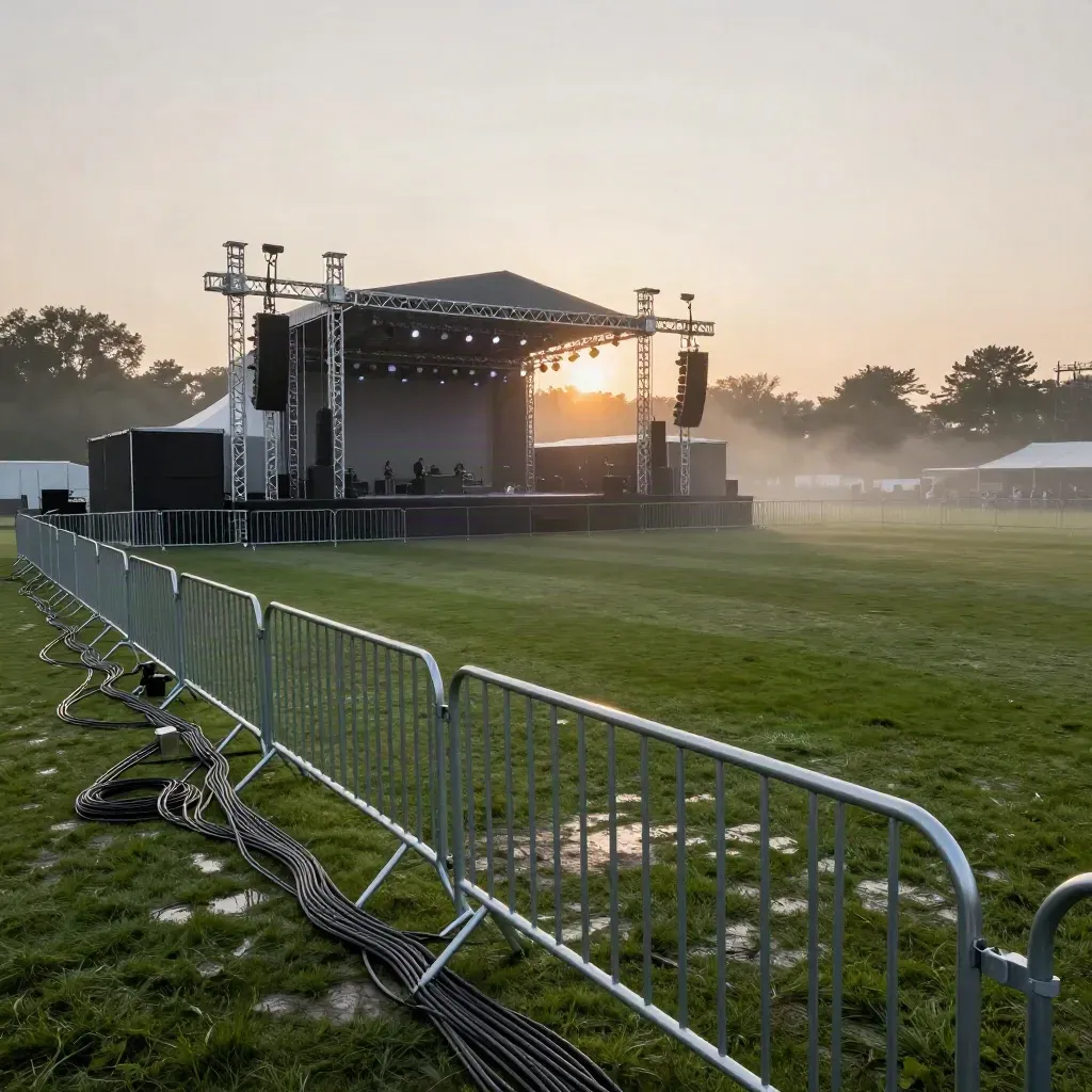 Empty dusk event site with stage truss, lighting towers, cables, and misty lawn