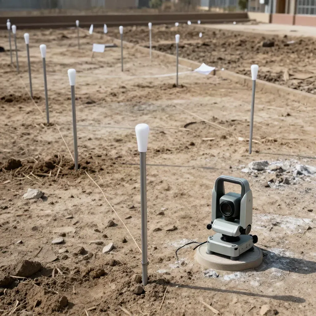 Survey stakes and GNSS gear on a graded plot, with dust, string lines, and deep ground-level perspective