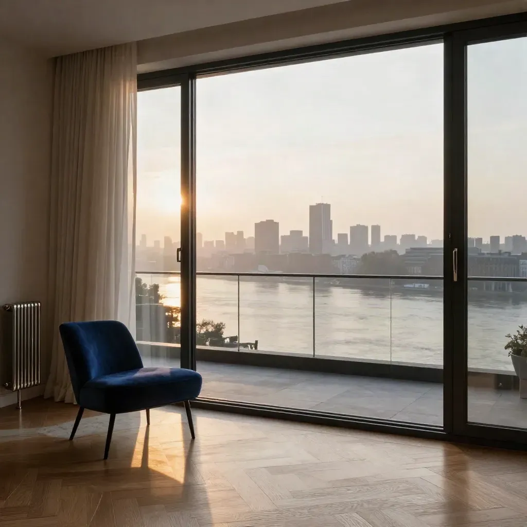 Top-floor London flat with open glass doors, balcony edge, and misty skyline in sunset light.