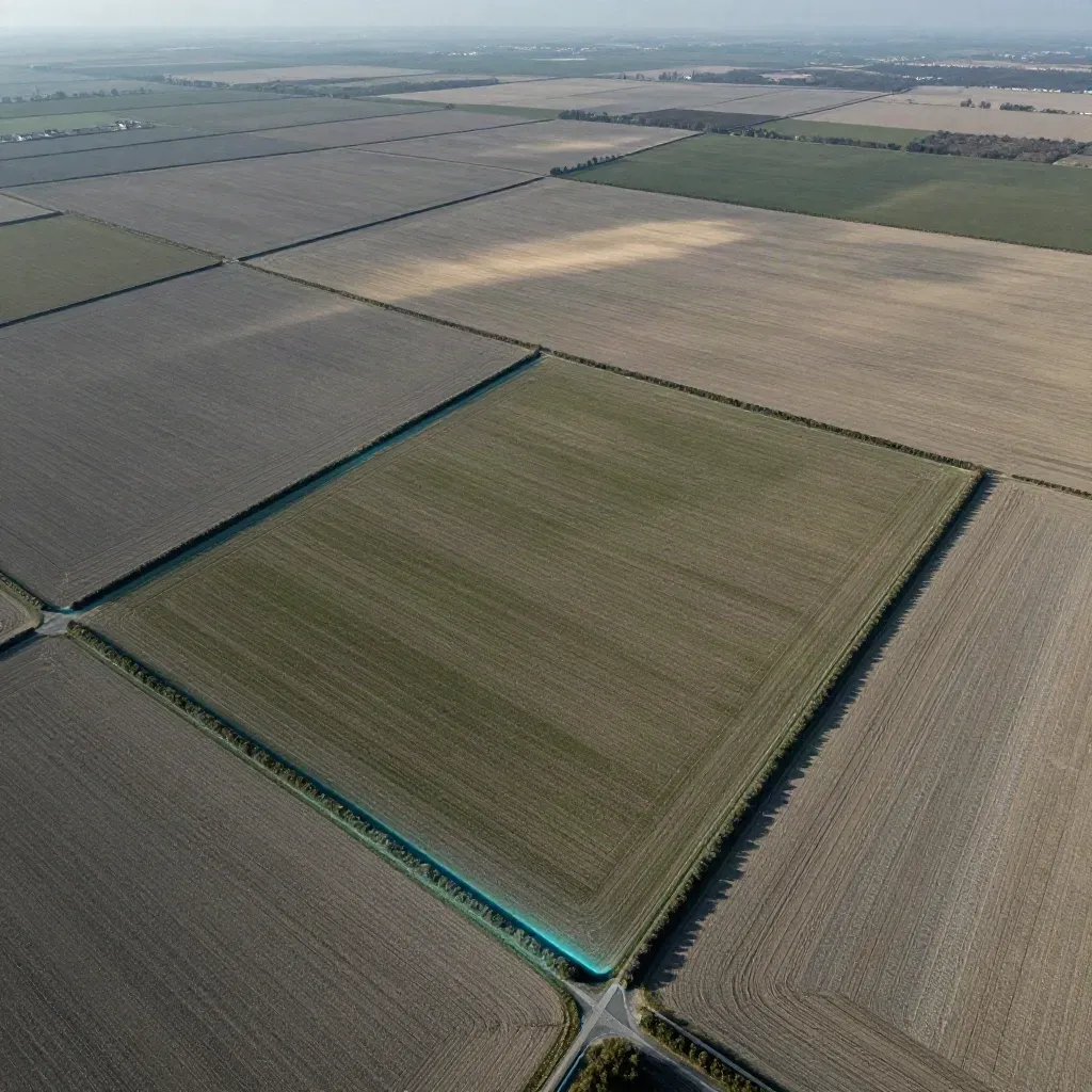 Overhead patchwork of mapped fields and hedgerows with a faint cyan survey glow.