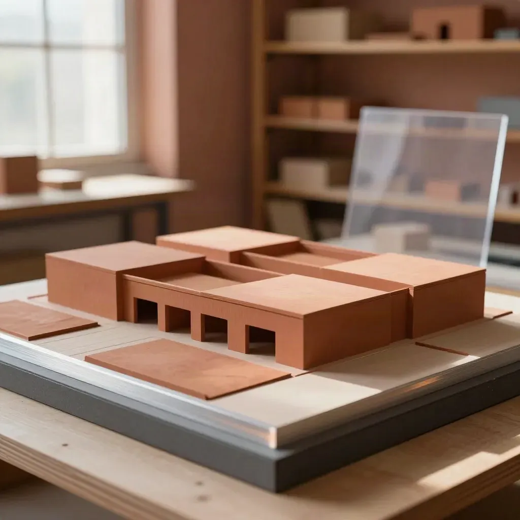 3D-printed warehouse site model on a matte base in warm window light