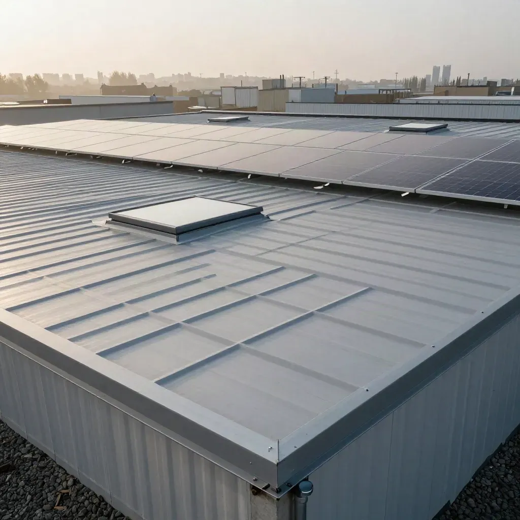 Birmingham warehouse roof with skylights and solar panels, freshly inspected in soft morning haze