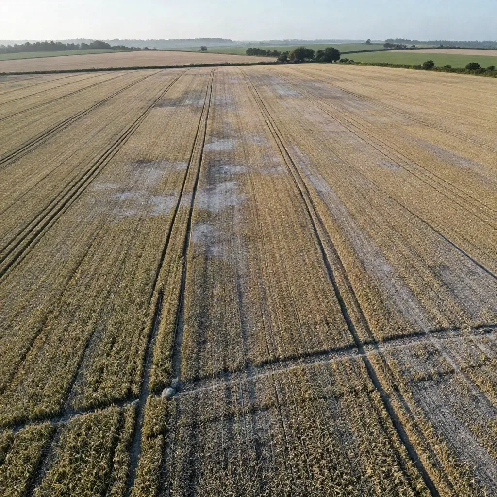 Aerial view of a Norfolk field with wet patches, tramlines and crop stress in summer haze.