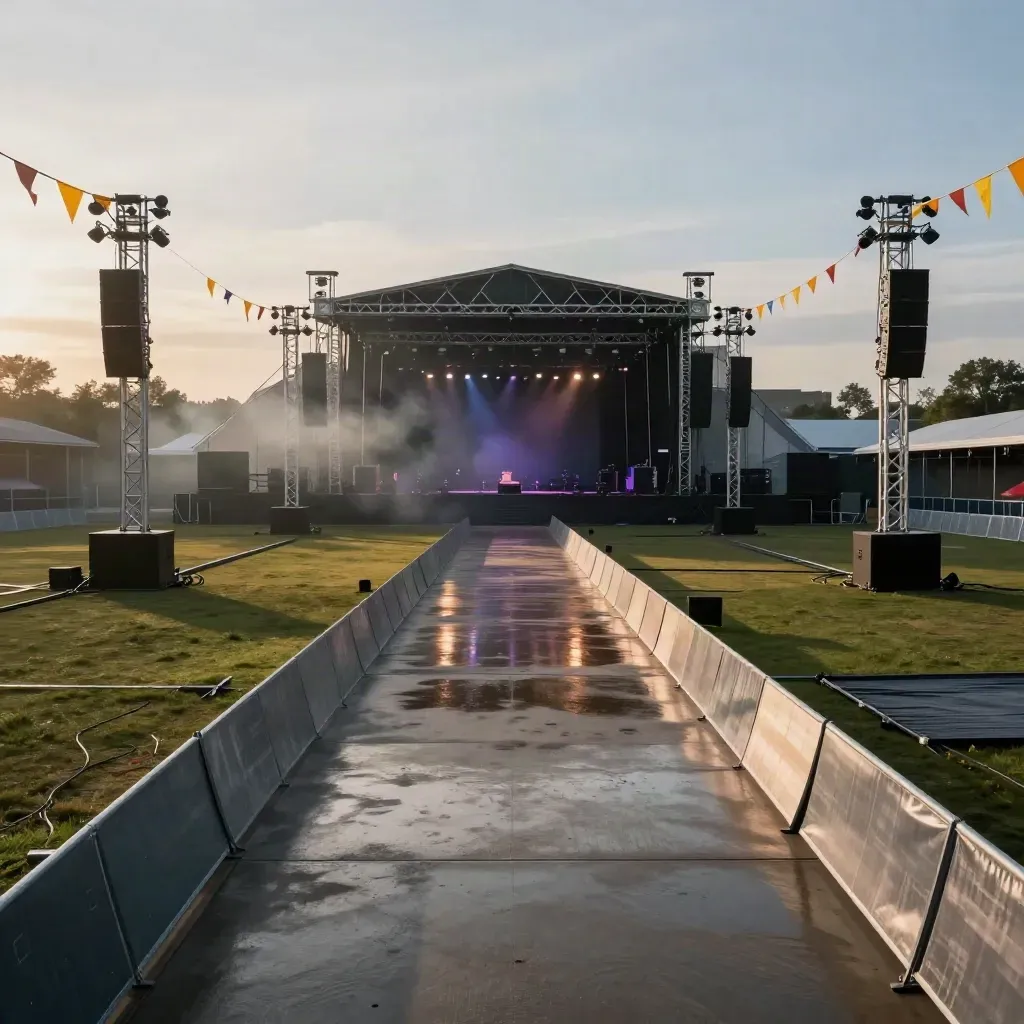Empty Manchester event ground with stage, light towers, bunting and a polished aisle at dusk.