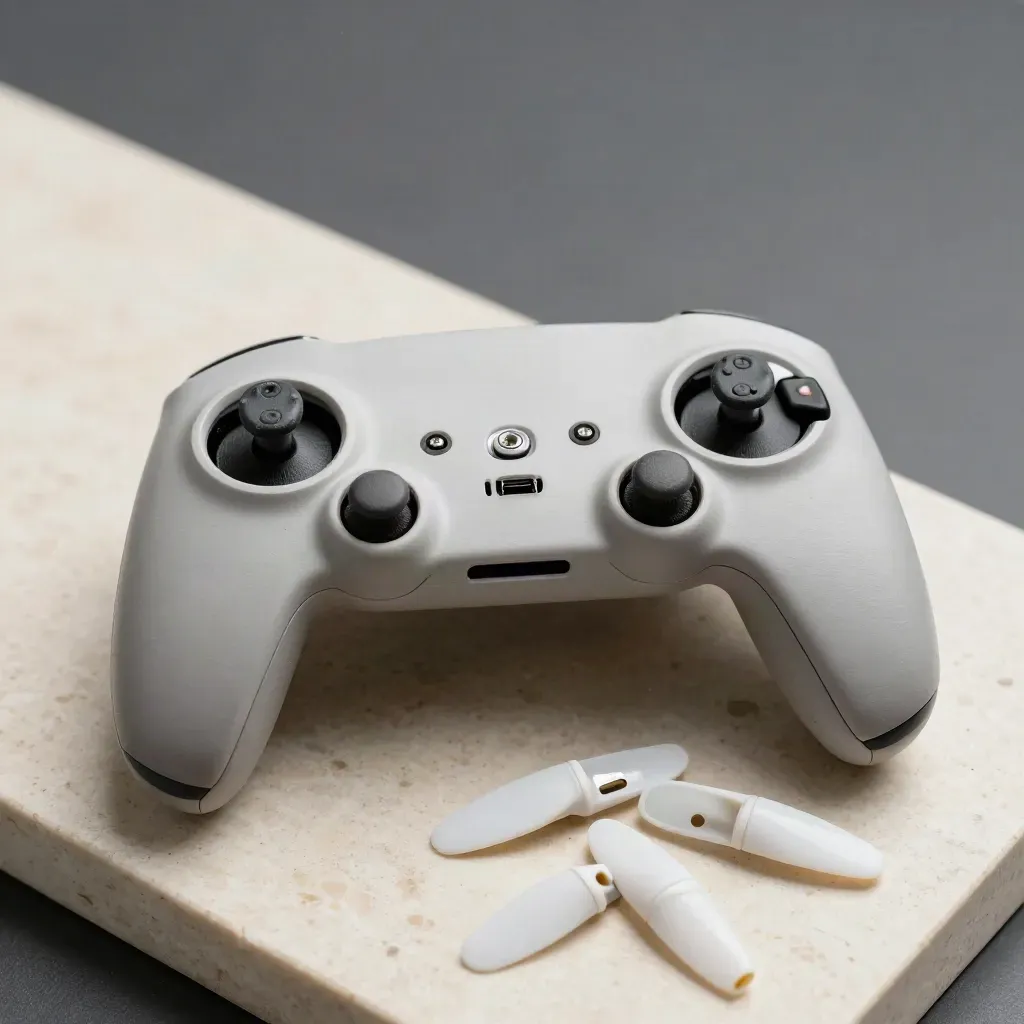 Extreme macro of a worn drone controller with twin joysticks and spare prop tips on travertine.