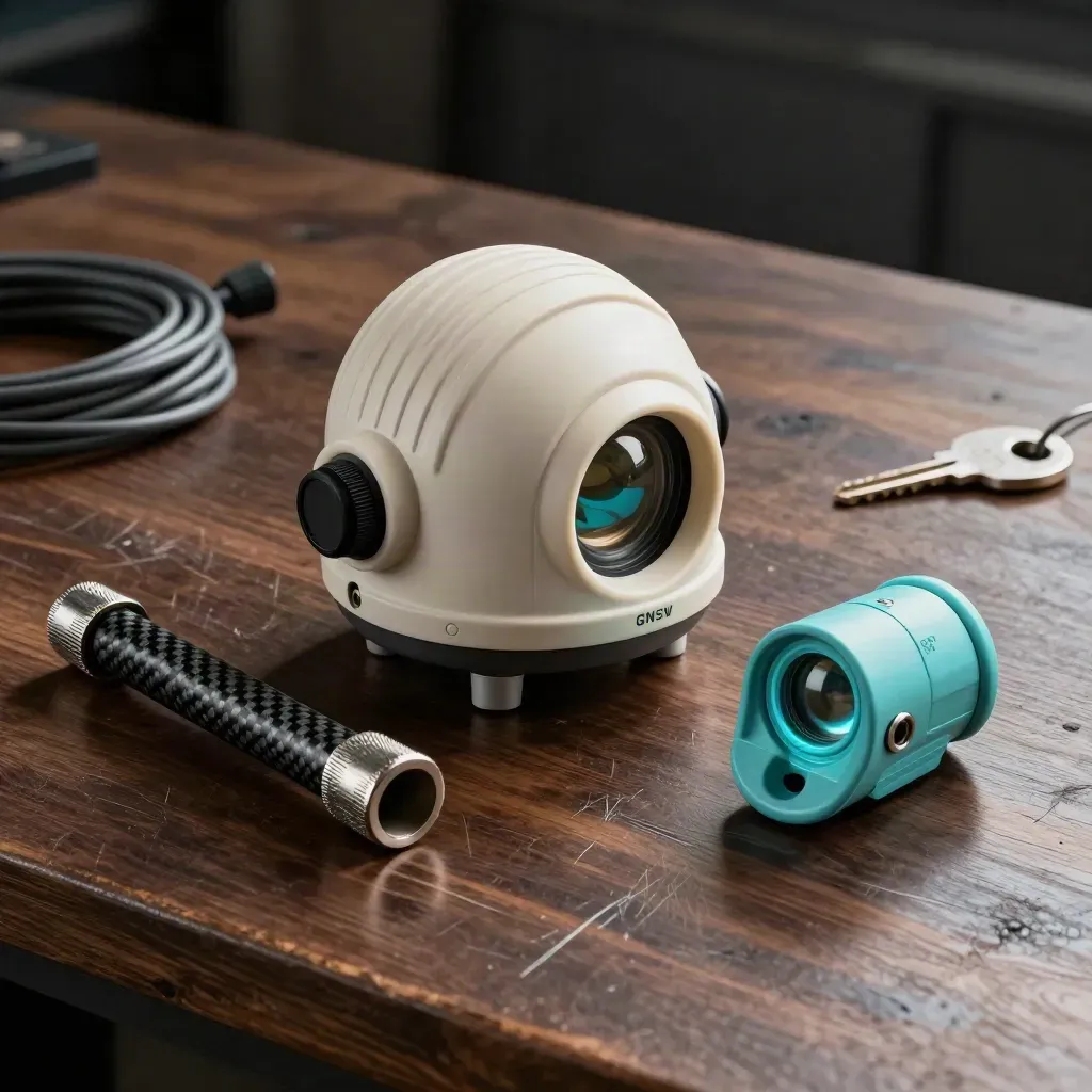 GNSS rover head, pole clamp and prism on a dark workshop bench in dramatic side light.