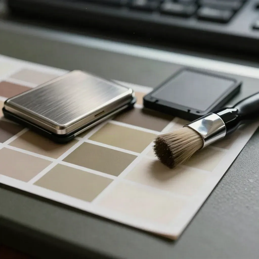 Macro still life of a colour checker card, SD card case and lint brush on a photo-editing bench.