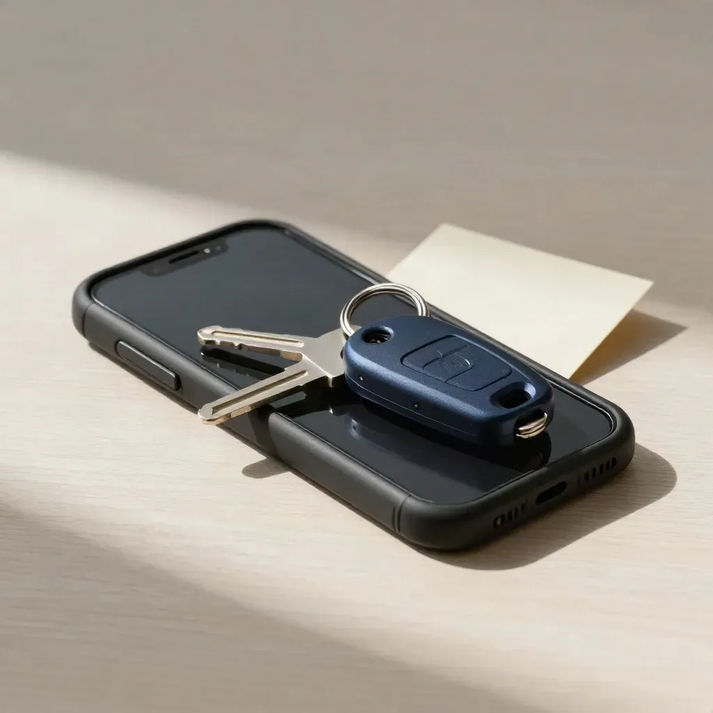 Rugged phone, key fob and landing pad token on pale wood, ready for a booking call.