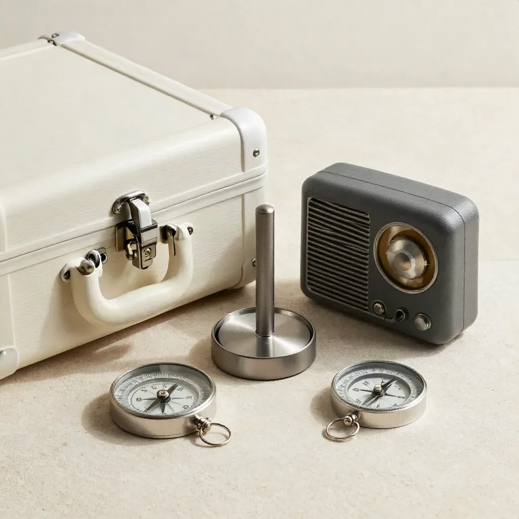 Compass, anemometer and weather radio beside a flight case latch on a pale sweep.