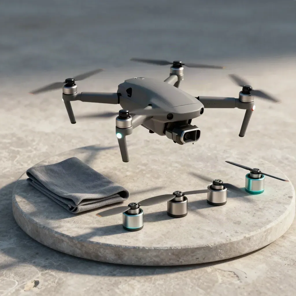 Drone lifts from a circular pad with launch gear on a concrete tray, lit by soft daylight.