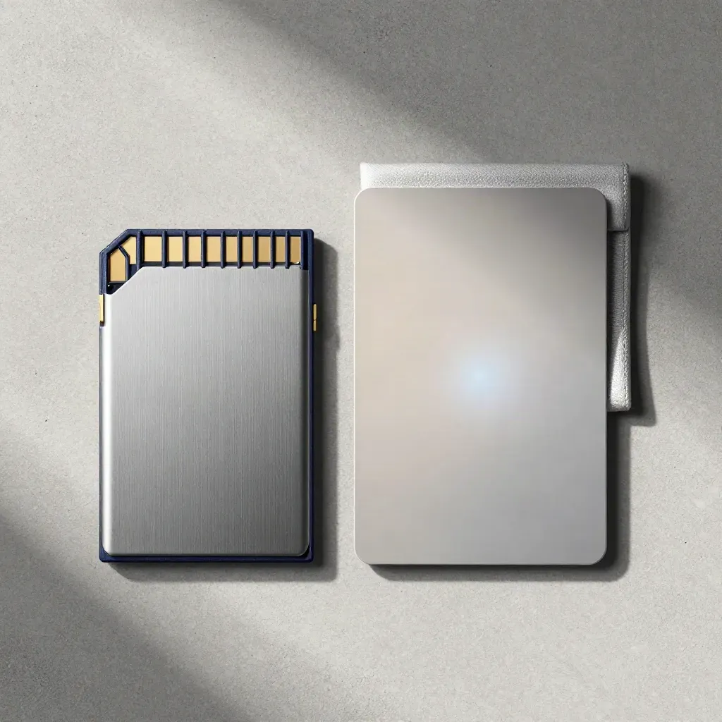 Memory card, SSD and card reader on concrete, overhead with cool silver light.