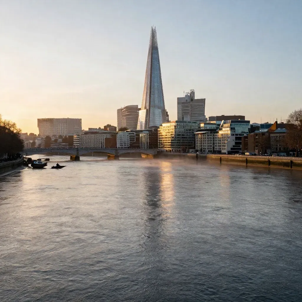 London skyline with the Shard above a calm Thames at golden hour, softened by haze