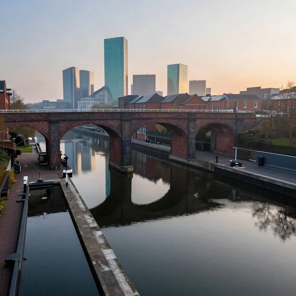 Birmingham canal basins and brick viaducts under dusk haze with mirrored towers.